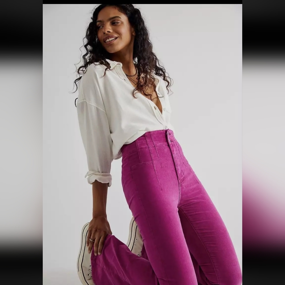 Free People High-Rise Wide Leg Corduroy Pants in Magenta